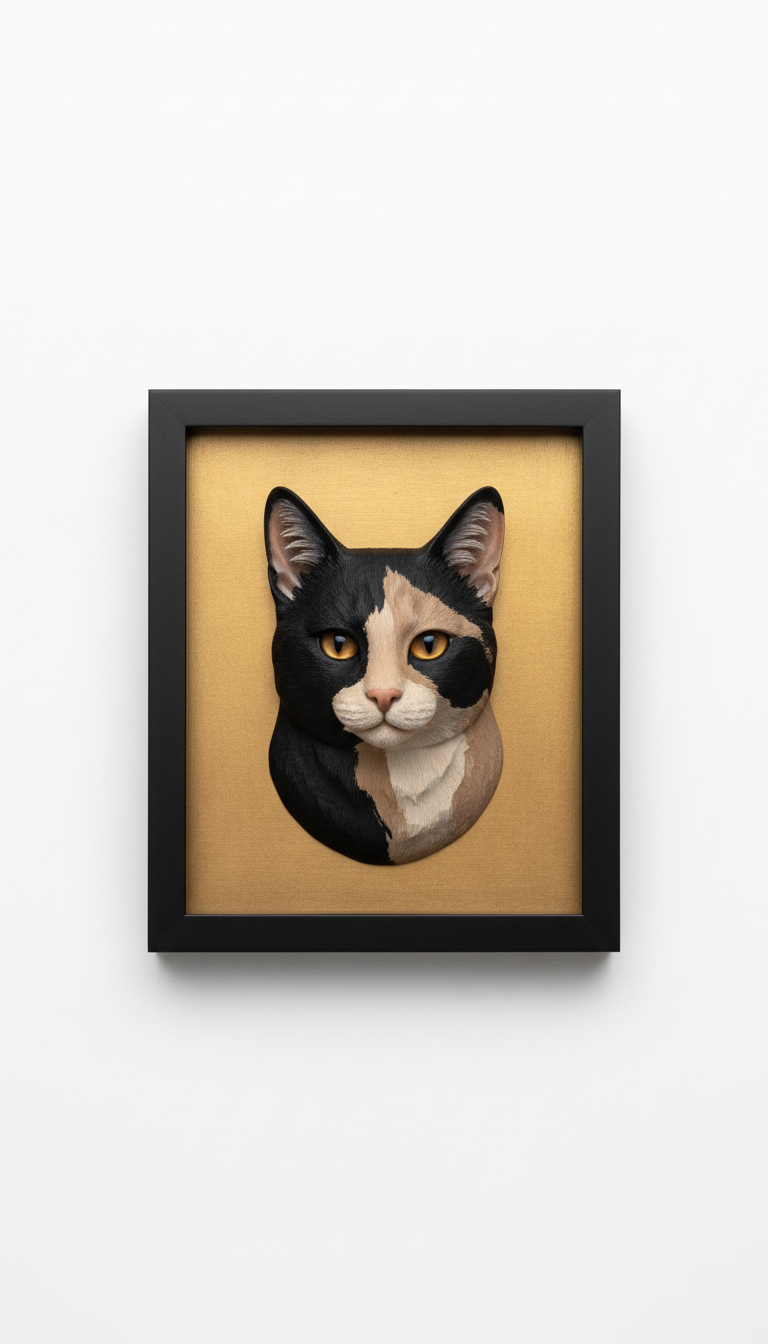 Charcoal Black-Framed 3D Cat Portrait
